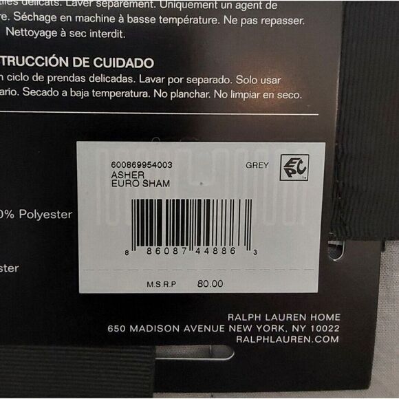 Ralph Lauren ASHER Grey Cotton Poly Fiberfill Quilted European Euro Pillow Sham - Picture 9 of 9